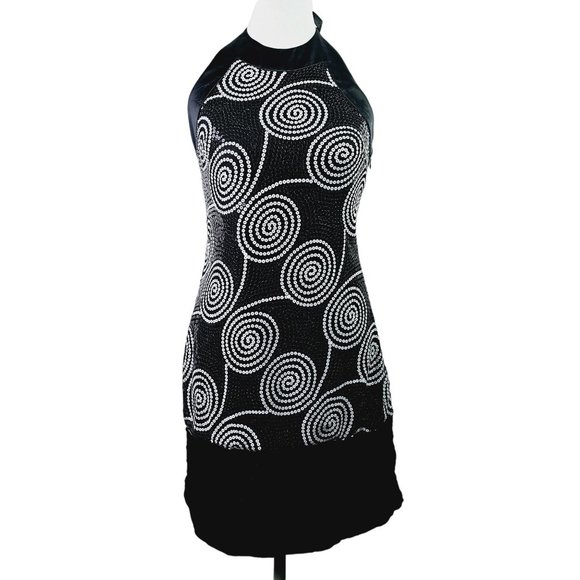 Vintage Cache Black White Sequin Satin Mini Halter Party Dress, Sz 6 - Picture 1 of 12